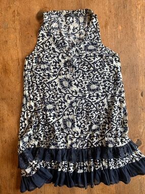 Apparell Love  Sleeveless Floral  Print Dress in Black and Cream Ruffle Detail